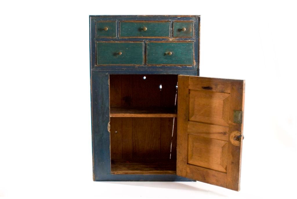19th Century Blue and Green Pine Painted Hanging Cupboard
