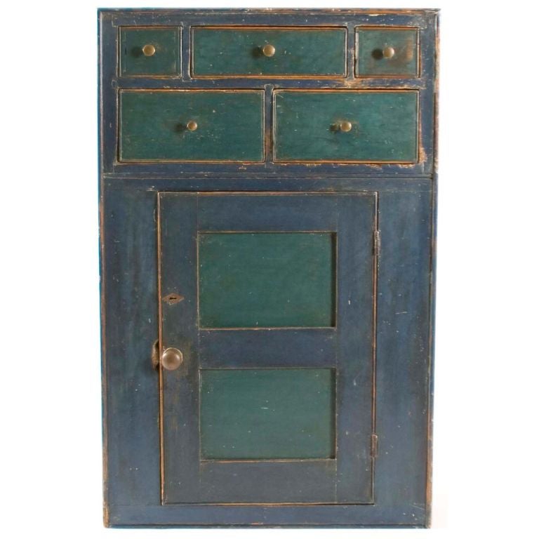 Blue and Green Pine Painted Hanging Cupboard