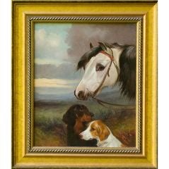 Oil on Canvas Portrait of Dogs & Horse