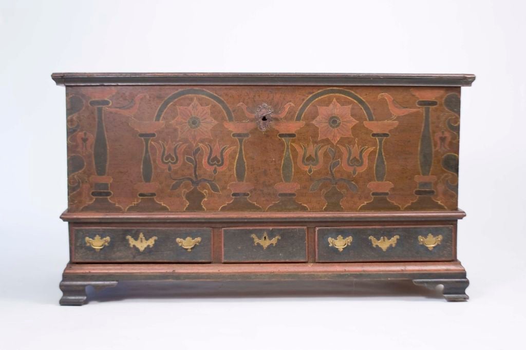 Dated 1769, this dower chest is one of the earliest known.  Made more exceptional by the existence of original paint on the top, sides and front of the chest.  Has 8 birds illustrated on the top and front of the chest with red, black and blue paint