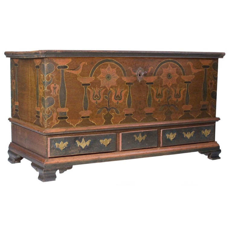 Pine Early Paint Decorated Dower Chest