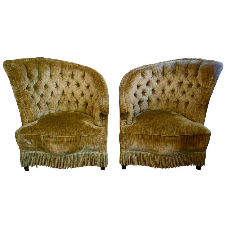 Pair of Tufted, Asymmetrical Fireside Chairs