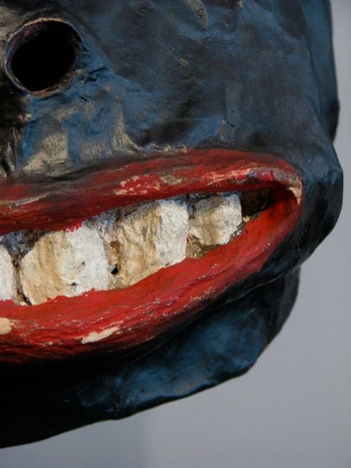 Paper Mache Gorilla Mask. from a Halloween costume or Carnival Show circa 1940's. found in Ohio. new black museum stand.