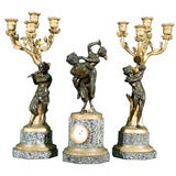 Gilt & Patinated Bronze 3 piece Mantle Garniture on Marble bases