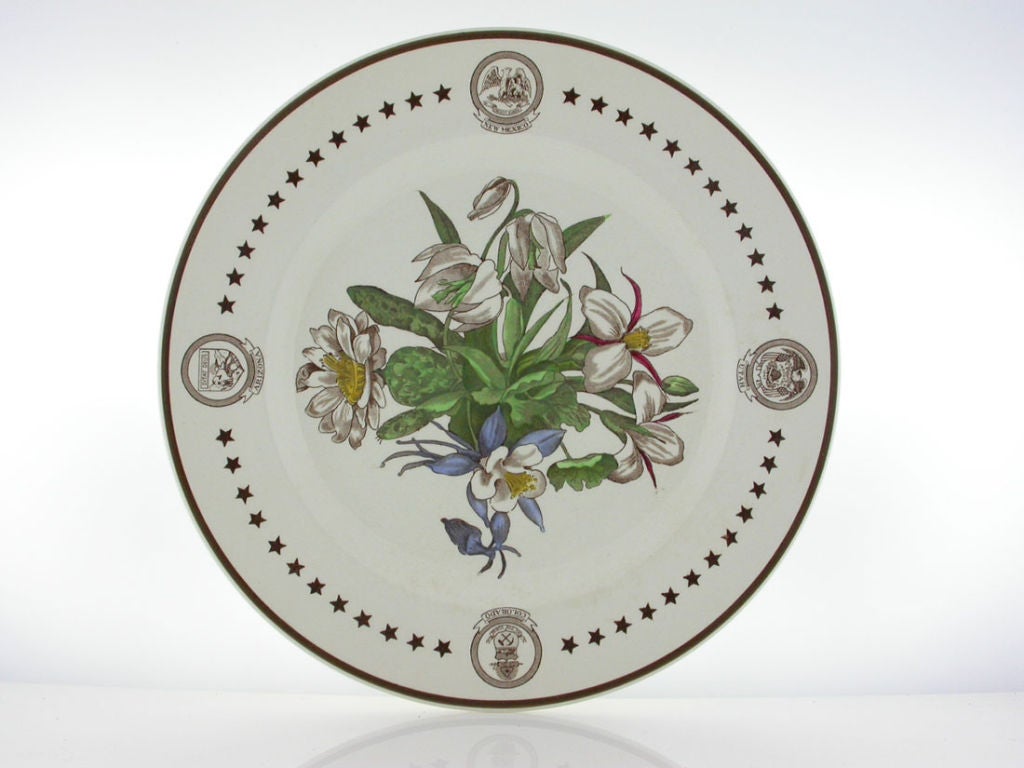 A Fabulous set of 12 Wedgwood Decorative Plates. Each plate, a work of art! Transferware, hand painted, featuring different beautiful floral scenes in the center, framed by a border of State Seals and Stars. The colors are beautifully vibrant! The
