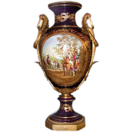 Very Large Sevres Cobalt Blue Urn Painted with a Hawking party