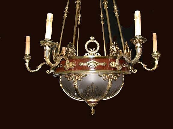 Empire Style Six Arm Gilt Bronze and Cut Glass Chandelier