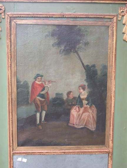 This charming mirror adds distinction and a certain playfulness to an interior. The painting is larger than the mirror. The countryman plays his flute for the young woman and the child as they sit in a  pastoral landscape.The mirrorplate is