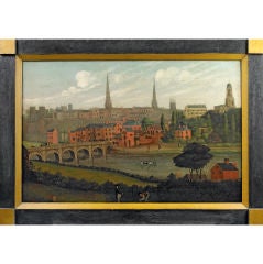 Landscape View of a Town, Bridge and Rowers on a River
