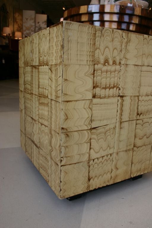 Mid-Century Faux-Grain Painted Cube Table/Pedestal