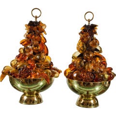 Vintage Monumental Pair of Italian Brass & Glass Fruit Lamps