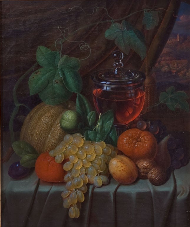 Very charming 19th century original oil on canvas of fruits, nuts and wine before a draped landscape scene. German, signed and dated August Buchold 