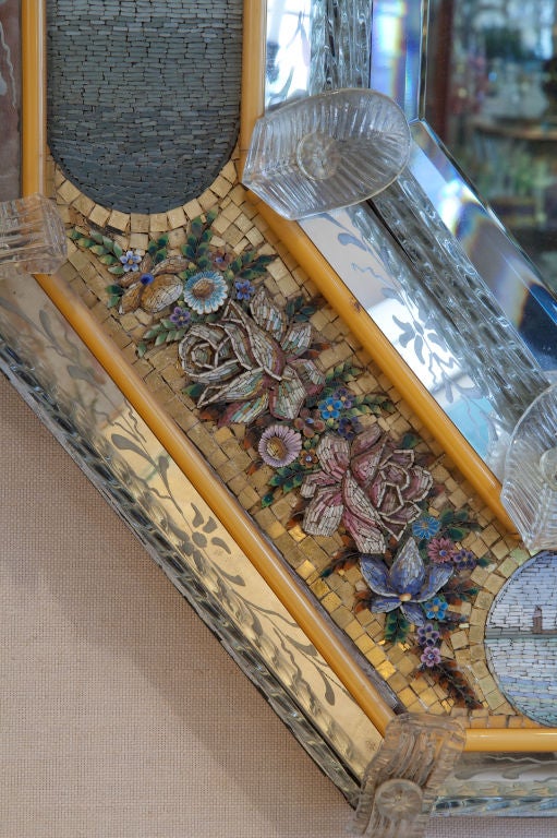 Sensational Venetian octagonal Murano micro mosaic mirror, each section exquisitely decorated with scenes of Venice including columns of the winged lion of San Marco and San Teodoro, beautiful floras’, and the top panel with a pair of doves bearing