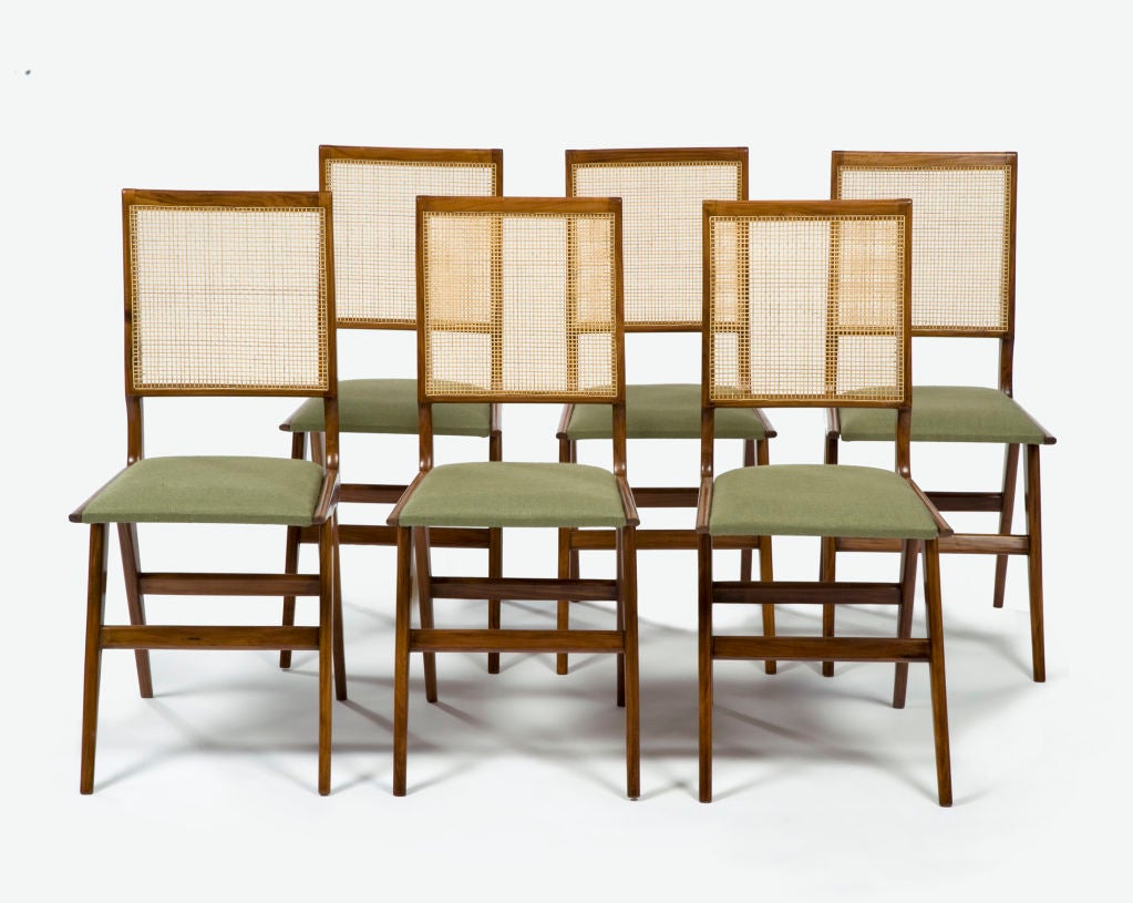 Set of six chairs in caviona wood with cane back and upholstered seat. Designed by Martin Eisler, Brazil, 1950s.