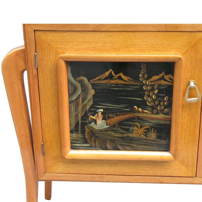 Cherry Important Art Moderne credenza/sideboard, Chinoiserie panels