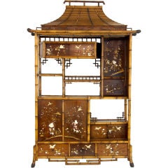 Antique 19th Century bamboo display cabinet with oriental panels