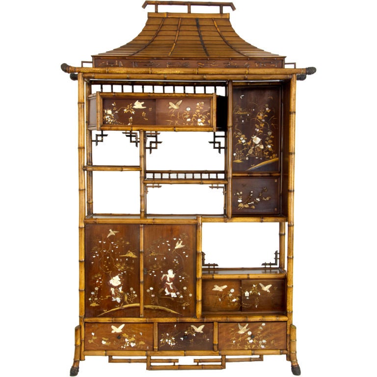 19th Century bamboo display cabinet with oriental panels