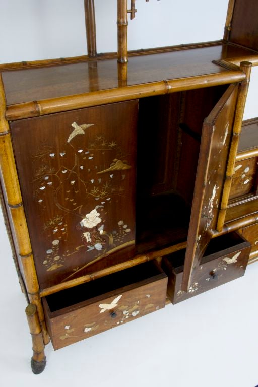 19th Century bamboo display cabinet with oriental panels circa 1880