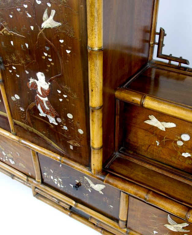 19th Century bamboo display cabinet with oriental panels 1
