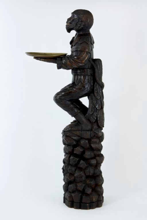 Wood 19th Century carved wood monkey holding a tray