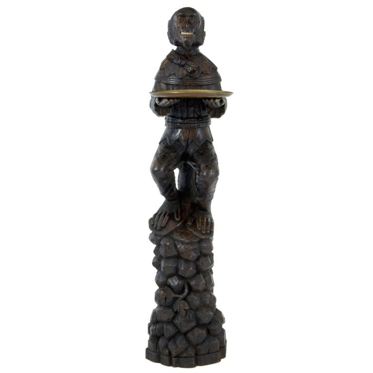 19th Century carved wood monkey holding a tray