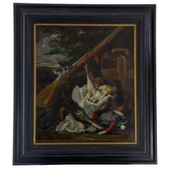 Early 18th century oil on canvas painting of flintlock gun