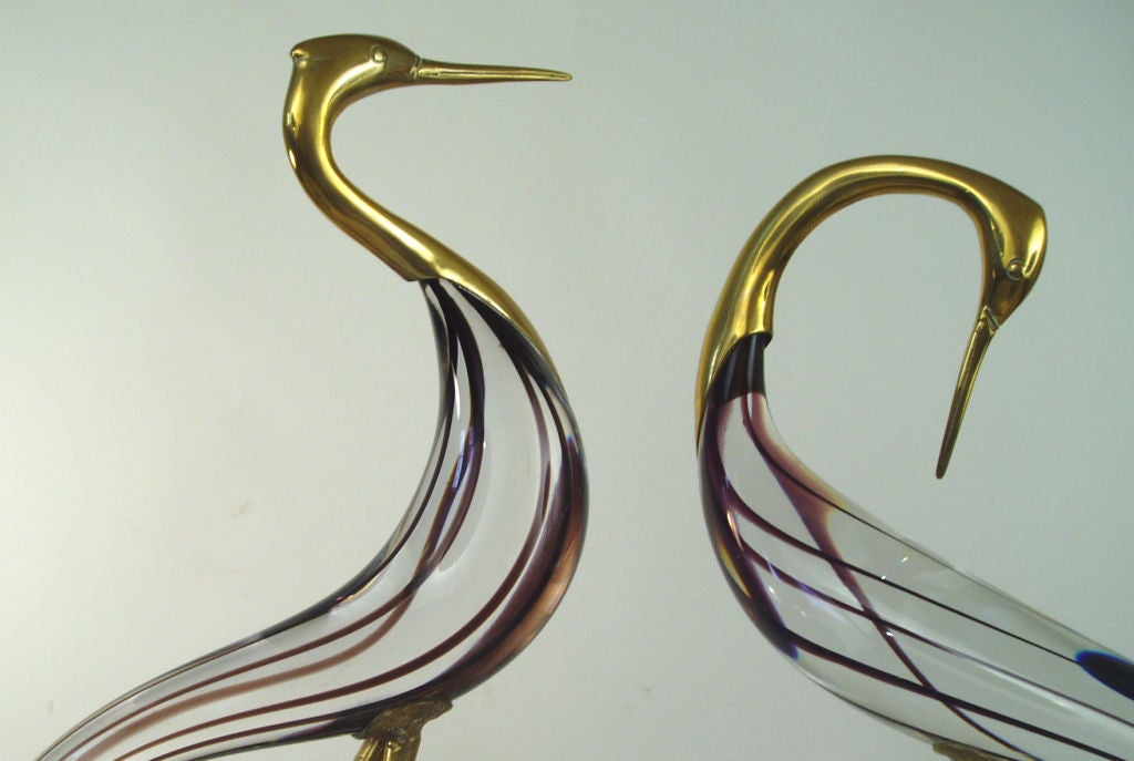 Italian Pair Vintage Murano Glass & Brass Birds