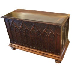 19th French Walnut Trunk with Gothic Carvings on 3 sides