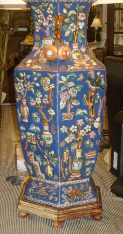 Pair of Blue Chinese Vase Lamps decorated with Pomegranates In Excellent Condition In Austin, TX