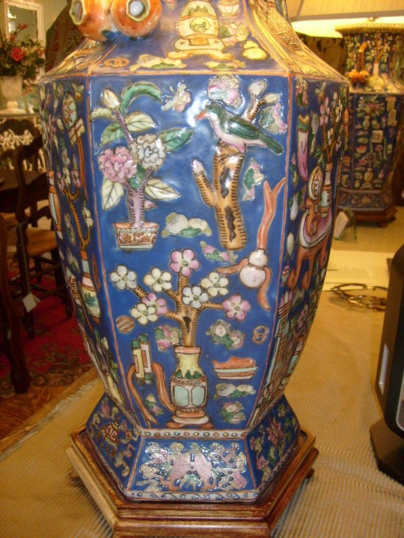 Ceramic Pair of Blue Chinese Vase Lamps decorated with Pomegranates