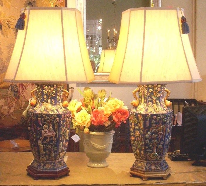 Pair of Blue Chinese Vase Lamps decorated with Pomegranates 2