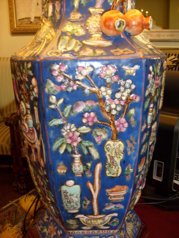 Pair of Blue Chinese Vase Lamps decorated with Pomegranates 4