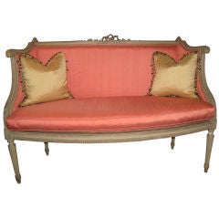 French Painted Settee covered in Silk with Convex Curved Back