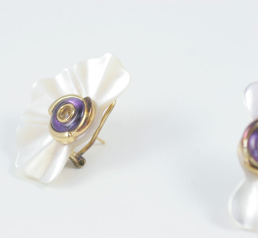 carved mother of pearl wings round amethyst doughnut and round citrine, gold plated silver