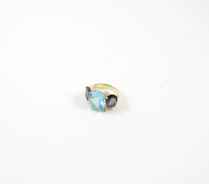 Large GUM DROP Ring with Blue Topaz and Iolite and Diamonds For Sale 2