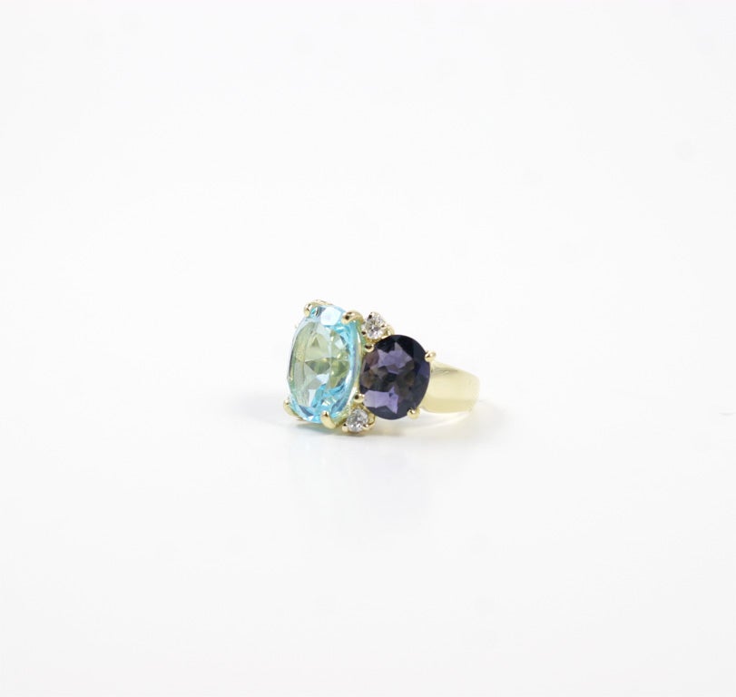 Large GUM DROP Ring with Blue Topaz and Iolite and Diamonds For Sale 3