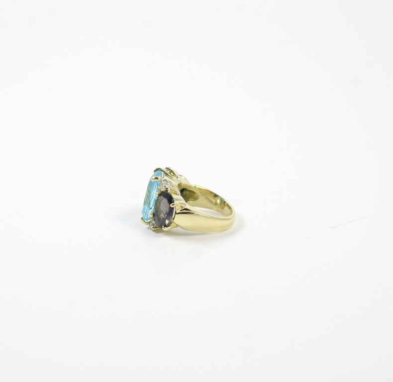 Large GUM DROP Ring with Blue Topaz and Iolite and Diamonds For Sale 5