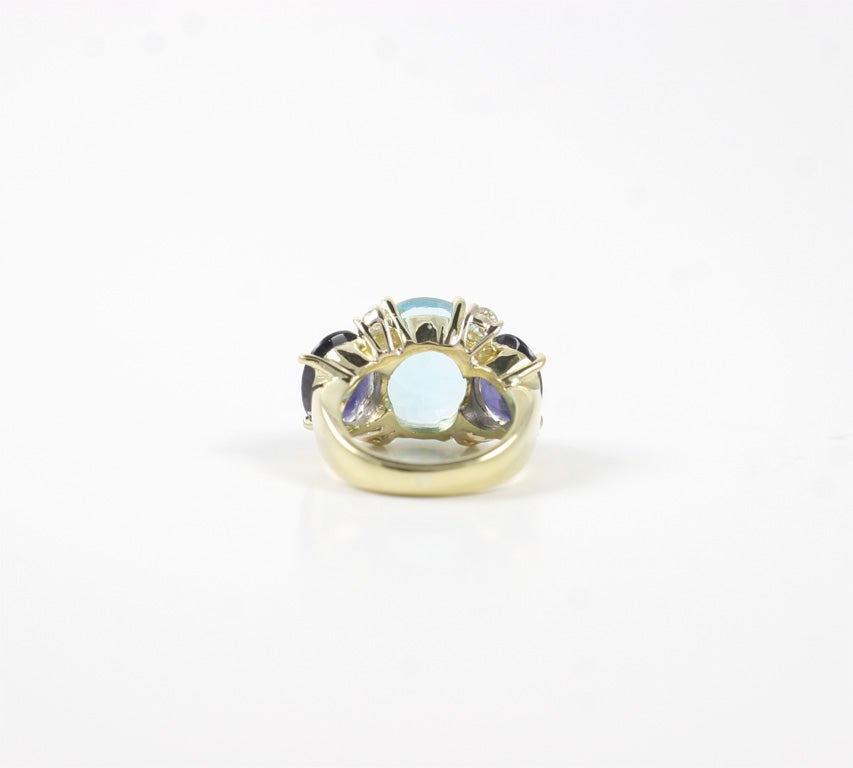 Large GUM DROP Ring with Blue Topaz and Iolite and Diamonds For Sale 6