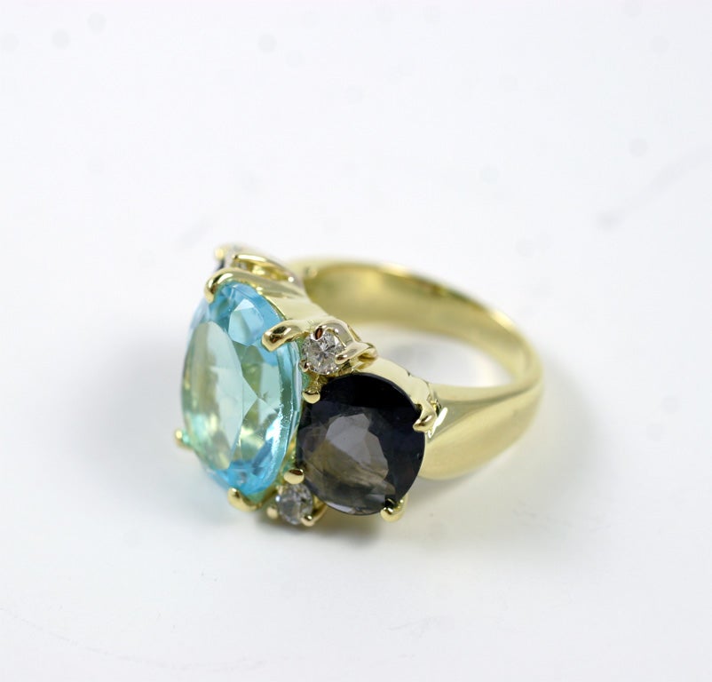 Large GUM DROP Ring with Blue Topaz and Iolite and Diamonds For Sale 8
