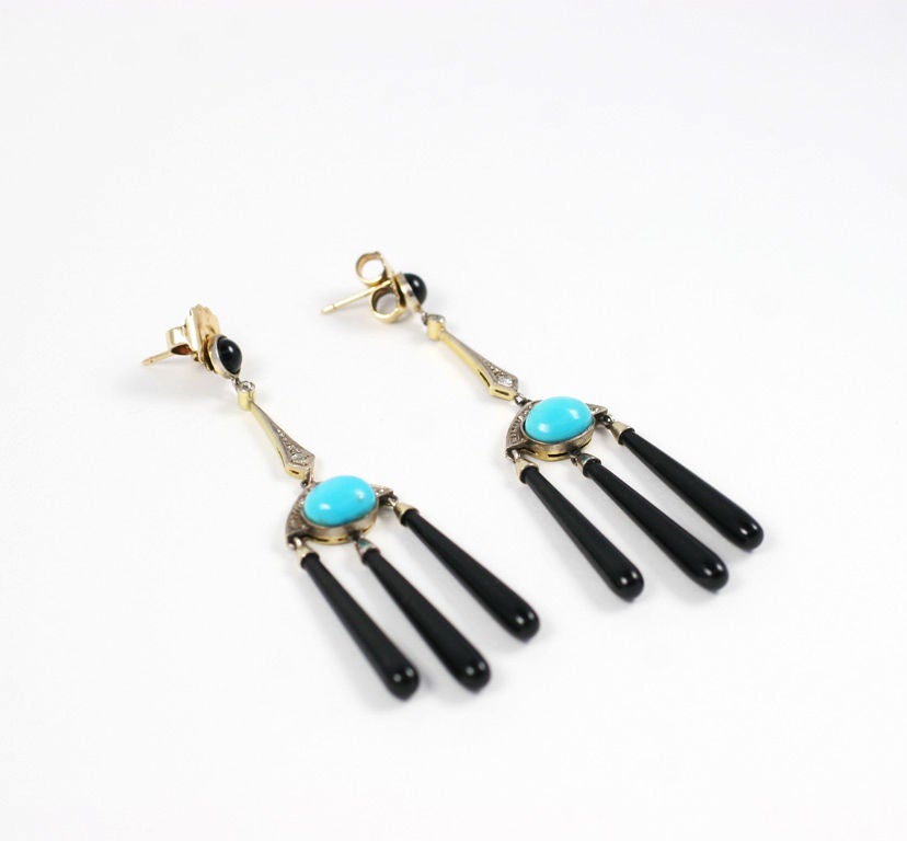 Art Deco Onyx and Turquoise Chandelier Earrings
