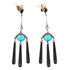 Art Deco Onyx and Turquoise Chandelier Earrings