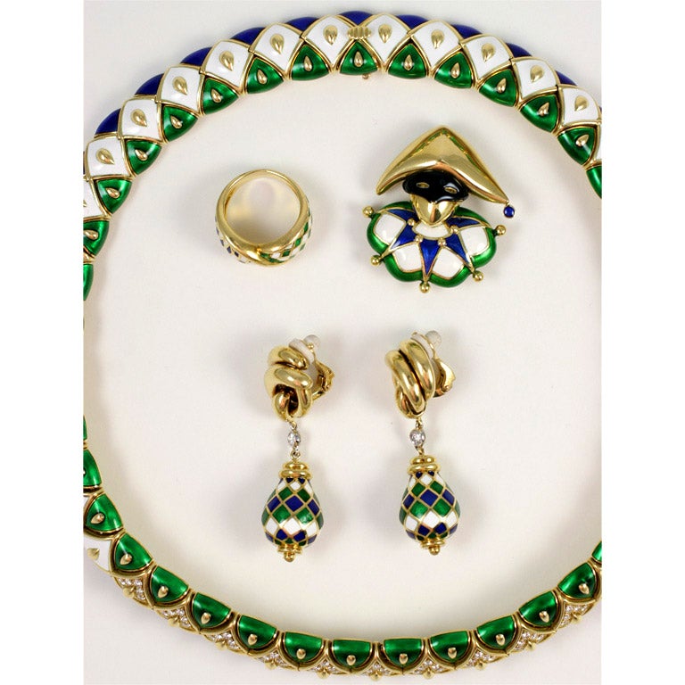 SUPERB RARE MAUBOUSSIN 'Harlequin' Enamel Gold Six Piece Parure