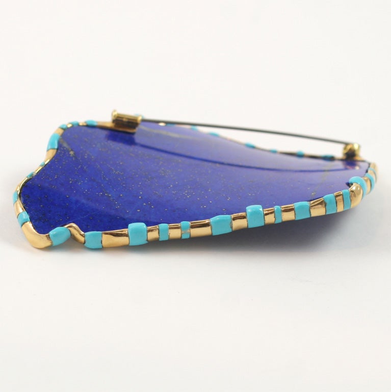 Stunning Lapis Lazuli and Turquoise Brooch For Sale 3