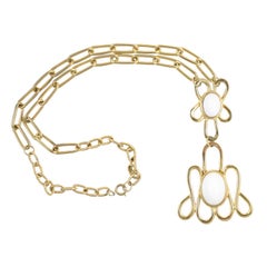 "Gold" & White Cabochon Pendant Necklace, Costume Jewelry