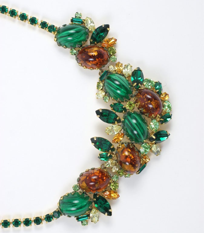 Spectacular green and amber colored stone necklace.  17.5
