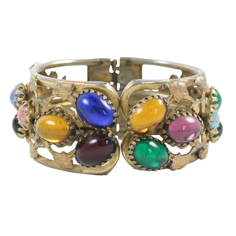 "Gold" Multi-Color Cabochon Clamp Bracelet, Costume Jewelry For Sale