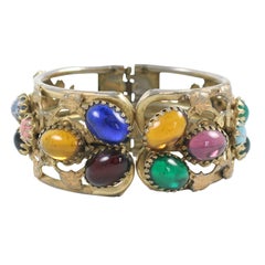 "Gold" Multi-Color Cabochon Clamp Bracelet, Costume Jewelry