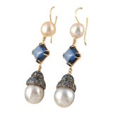 18k Sapphire, Iolite, Sapphire, Grey So. Sea Pearl Earrings