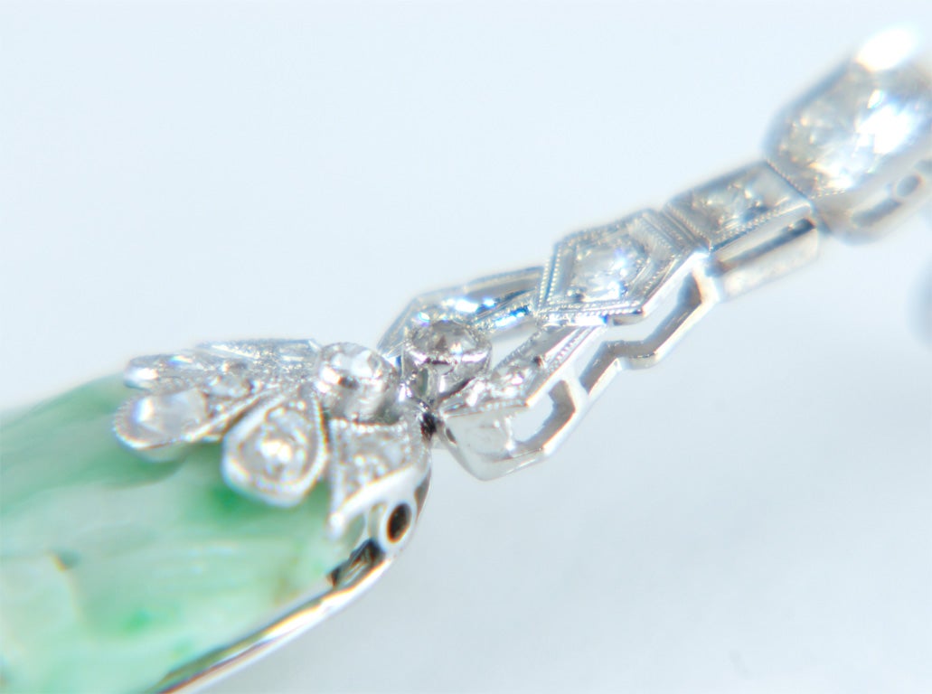 Women's Art Deco Platinum Antique Carved Jade and Diamond Earrings