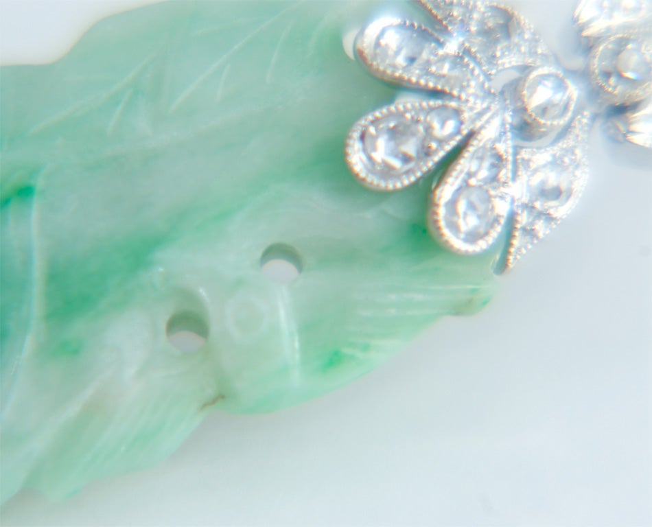Art Deco Platinum Antique Carved Jade and Diamond Earrings 5